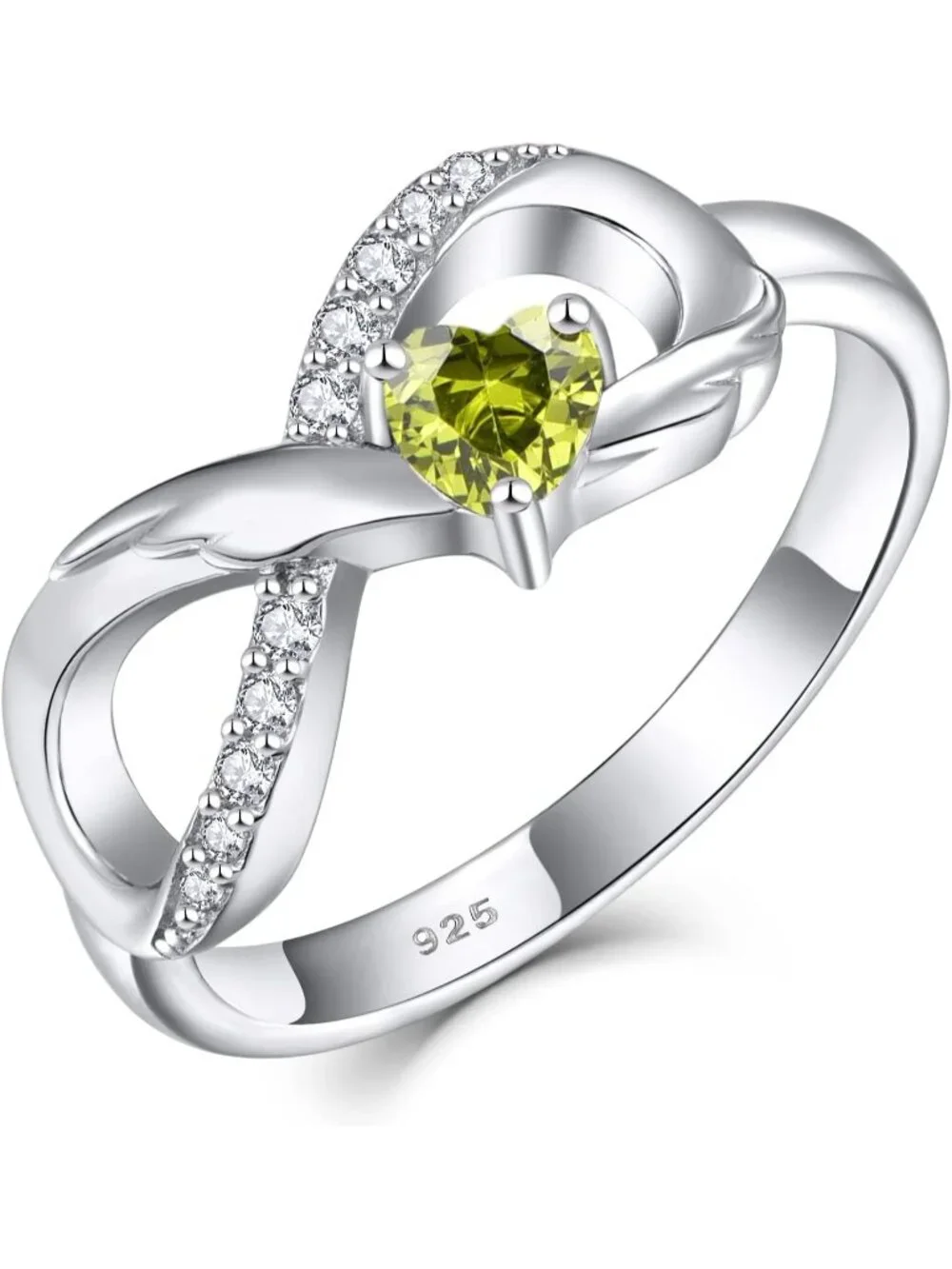 Women's Peridot 925 Sterling Silver Infinity Promise Angel Wings Heart Ring